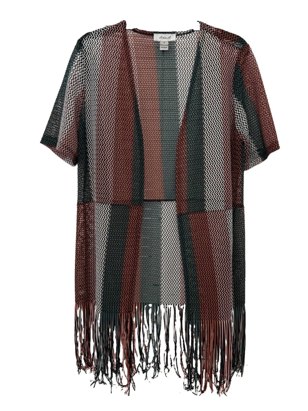 Anis. A Open-Front Cardigan Jacket Fringe Hem Open Knit in Multicolor Stripe